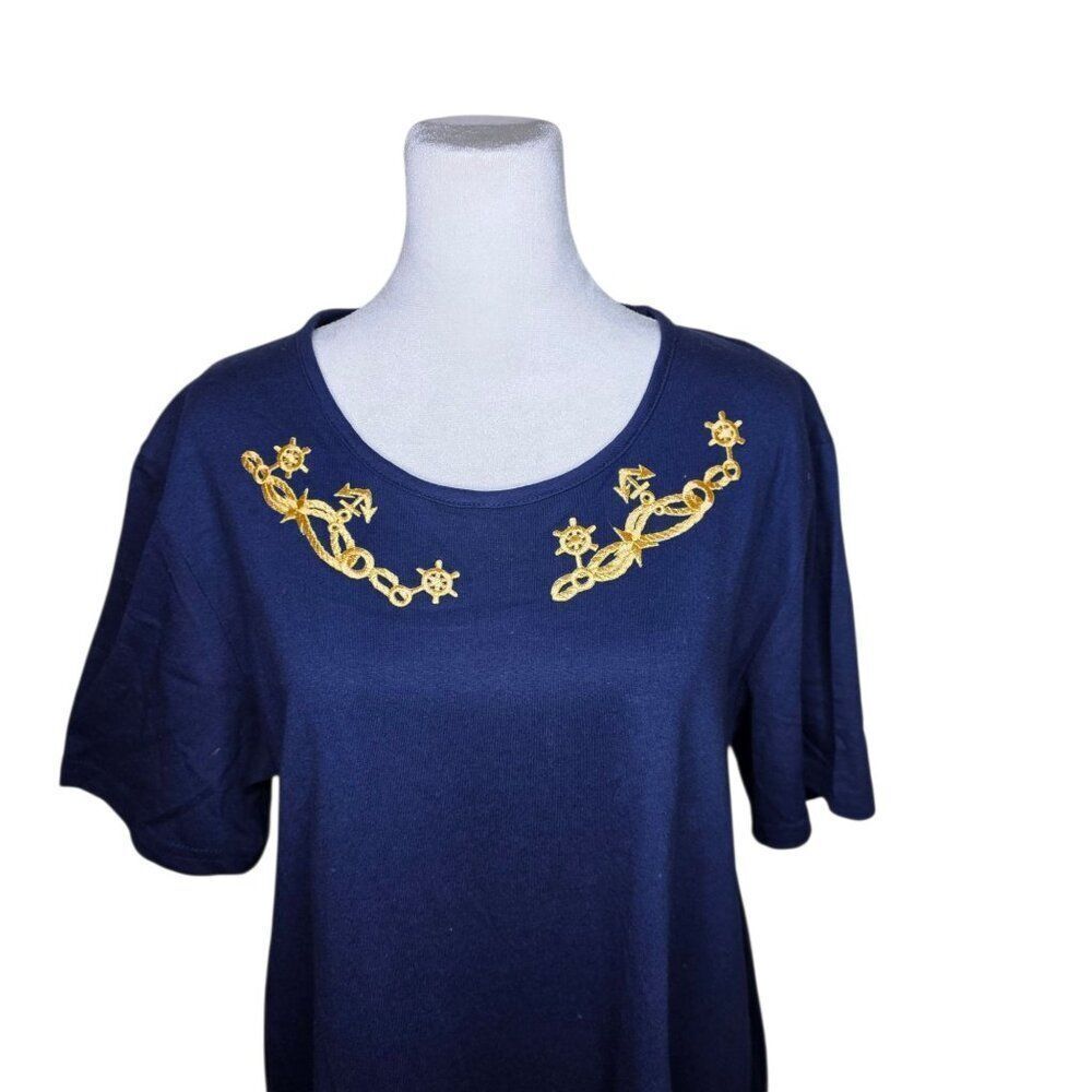 Vintage 80s Short Sleeve Maxi Shift Dress Womens Size L Navy Blue Nautical Ancho